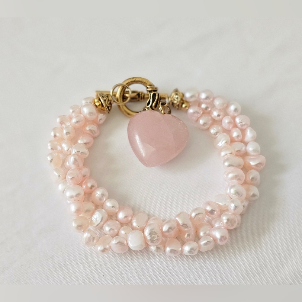 Blush Pink Freshwater Pearl Bracelet Rose Quartz Heart 3 Strand Gold Toggle